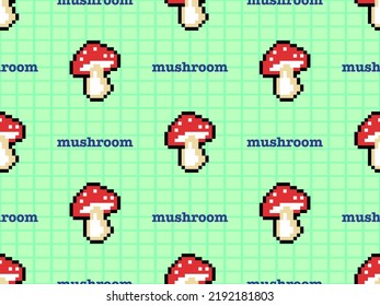 Mushroom cartoon character seamless pattern on green background. Pixel style