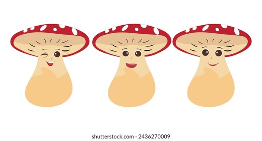 Mushroom cartoon character in various gestures, Set illustration mushroom mascot with various different expressions of cute emotion in comic style for graphic designer, vector illustration
