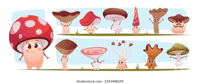 Mushroom. Cartoon characters mushroom in action poses and funny emotions exact vector illustrations