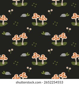 Caricatura de cogumelos tão fofinha. No fundo preto de flor de grama rock. Ilustração de vetor uniforme de padrão. 