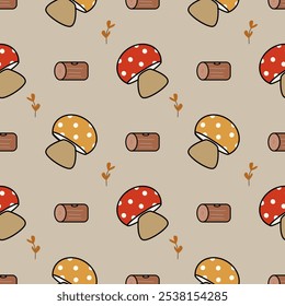 Mushroom cartoon so cute. On timber flower brown background. Pattern seamless vector illustration. 
