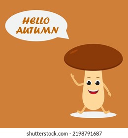 Mushroom cartoon emoji character waving on background, with autumn hello text