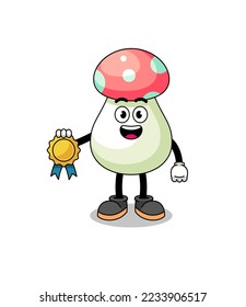 mushroom cartoon illustration with satisfaction guaranteed medal , character design