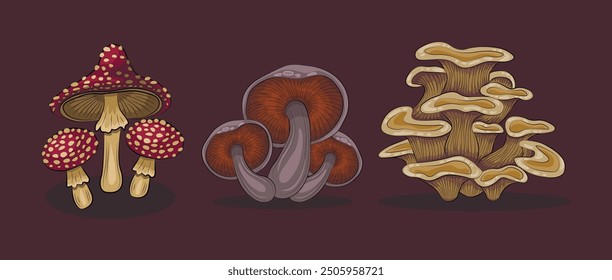 mushroom cartoon set. gilled mushroom, fly-agaric and oyster mushroom