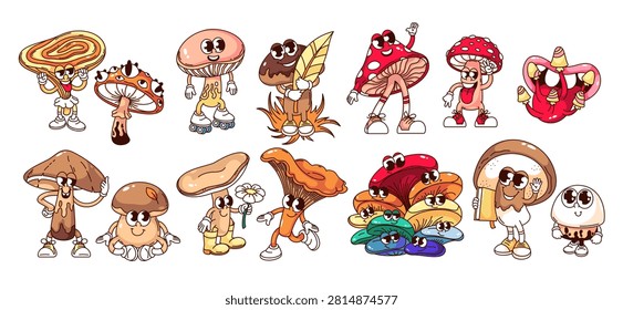 Mushroom cartoon set with smiling forest fungi, toadstools, colorful caps and playful characters. Stickers, kids decor and packaging feature a mushroom cartoon set, vector illustration.