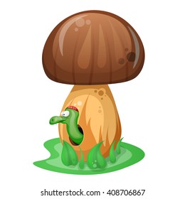 Mushroom and cartoon worm illustration.