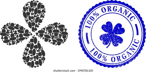 Mushroom centrifugal flower cluster, and blue round 100 Percents ORGANIC rough watermark with icon inside. Element cluster designed from oriented mushroom symbols. Vector flower collage in flat style.