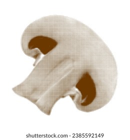 Mushroom champignon cut lengthwise, one, isolated, from circle dots of different sizes on white background