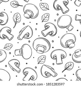 Mushroom champignon, fungi seamless pattern, vector outline hand drawn monochrome contour illustration in ink style. Backdrop of engraved fungus, basil leaves. Organic veggie food, wrapping paper.