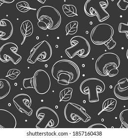 Mushroom champignon, fungi seamless pattern, vector outline hand drawn monochrome contour illustration white on black. Backdrop of engraved fungus, basil leaves. Organic veggie food, wrapping paper.