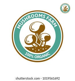 Mushroom champignon logo. Isolated mushroom on white background. Heap greenhouse cultivation fresh mushrooms,  farm emblem organic edible fungi with text inscription