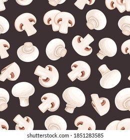 Mushroom champignon seamless pattern realistic vector illustration on black brown background. Fungus backdrop, fungi for healthy nutrition, wrapping paper, print for organic product market, textile.