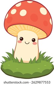 Mushroom Character with Big Polka-Dotted Cap – Joyful Flat Vector Illustration for Printable Sticker and Minimalist Design