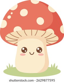 Mushroom Character with Big Polka-Dotted Cap – Joyful Flat Vector Illustration for Printable Sticker and Minimalist Design