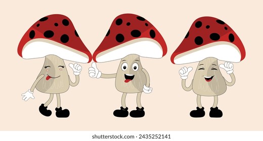 Mushroom character design different expression in vintage style, Kawaii mushroom cartoon mascot character vector illustration. Eps 10