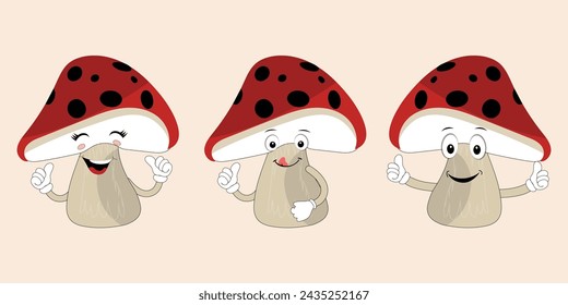 Mushroom character design different expression in vintage style, Kawaii mushroom cartoon mascot character vector illustration. Eps 10
