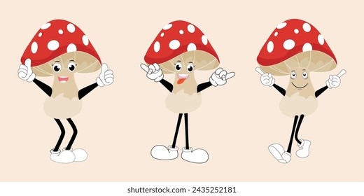 Mushroom character design different expression in vintage style, Kawaii mushroom cartoon mascot character vector illustration. Eps 10