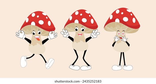 Mushroom character design different expression in vintage style, Kawaii mushroom cartoon mascot character vector illustration. Eps 10