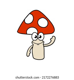 Mushroom character. Funny children drawing with red cap. Cute outline cartoon illustration isolated on white