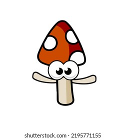 Mushroom character. Funny children drawing with red cap. Cute outline cartoon