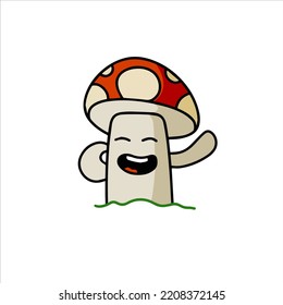 Mushroom character. Funny children drawing with red cap. Cute outline cartoon