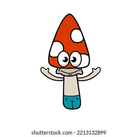 Mushroom character. Funny children drawing with red cap. Cute outline cartoon
