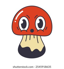 Mushroom character. Funny mushroom mascot, cute comic shroom shaped emoji flat vector illustration. Cartoon comic mushroom emoji on white