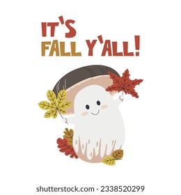 Mushroom character keeping colorful autumn leaves. Porcini personage and handwritten lettering design. Cute mush mascot seasonal concept art. It's fall y'all vibe hand drawn flat vector illustratio