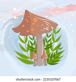 
mushroom character with leaves and flowers around the background