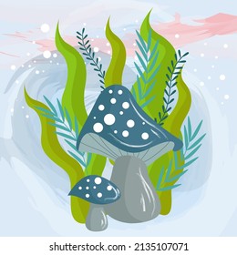 
mushroom character with leaves and flowers around the background