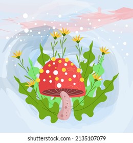 
mushroom character with leaves and flowers around the background