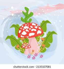 
mushroom character with leaves and flowers around the background