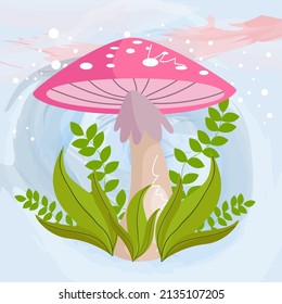 
mushroom character with leaves and flowers around the background