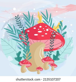 
mushroom character with leaves and flowers around the background