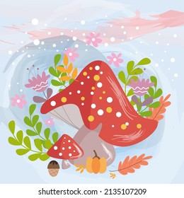 
mushroom character with leaves and flowers around the background