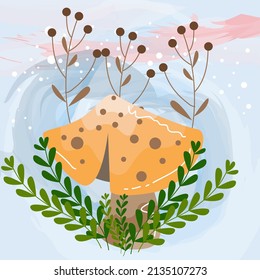 
mushroom character with leaves and flowers around the background