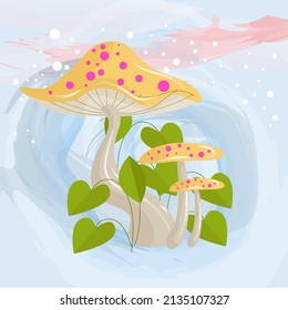 
mushroom character with leaves and flowers around the background