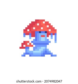 Mushroom character in pixel art style. Cute amanita icon. Vector illustration.