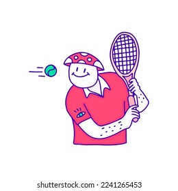 Mushroom character playing padel sport doodle art, illustration for t-shirt, sticker, or apparel merchandise. With retro style.