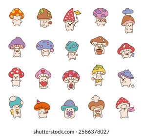 Mushroom character set featuring cute kawaii cartoon emotions, magical fairy elements, festive accessories, heartwarming gifts, and everyday objects for charming decorative illustrations