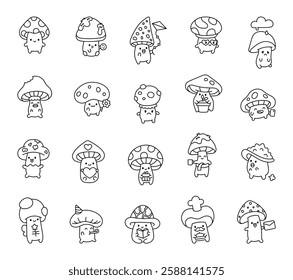 Mushroom character set featuring cute kawaii cartoon emotions, magical fairy elements, festive accessories, heartwarming gifts, and everyday objects for charming decorative illustrations