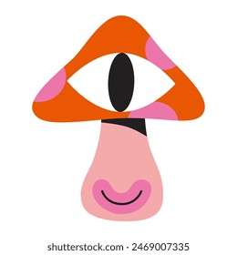 Pilzfigur, lächelnde Amanita mit einem Auge, Cartoon-Stil. Trendige moderne Vektorillustration isoliert auf weißem Hintergrund, handgezeichnet, flaches Design