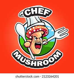 Mushroom Chef Cartoon Character Mascot Logo Vector Illustration