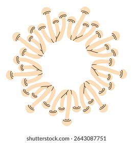 Paddestoel cirkel frame. Ronde rand gemaakt van herfstpaddenstoelen. De paddenstoelen hebben verschillende vormen en zijn in een cirkel gerangschikt. Vector plat geïsoleerd op een witte achtergrond.