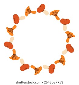 Paddestoel cirkel frame. Ronde rand gemaakt van herfstpaddenstoelen. De paddenstoelen hebben verschillende vormen en zijn in een cirkel gerangschikt. Vector plat geïsoleerd op een witte achtergrond.