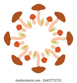 Mushroom circle frame. Round border made of fall mushrooms. The mushrooms have different shapes and are arranged in a circle. Vector flat isolated on white background.