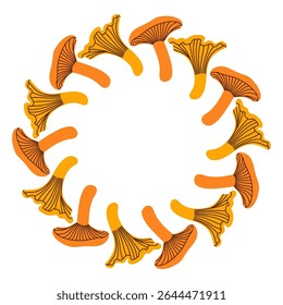 Mushroom circle frame. Round border made of fall mushrooms. The mushrooms have different shapes and are arranged in a circle. Vector flat isolated on white background.