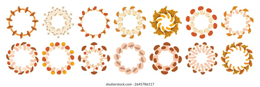 Mushroom circle frame set. Round border made of fall mushrooms. The mushrooms have different shapes and are arranged in a circle. Vector flat isolated on white background.