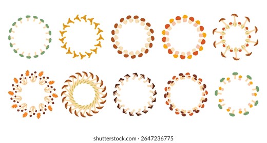 Mushroom circle frame vector set. A circular frame of autumn mushrooms. Mushrooms have different shapes and are arranged in a circle. Vector flat, isolated on white background.