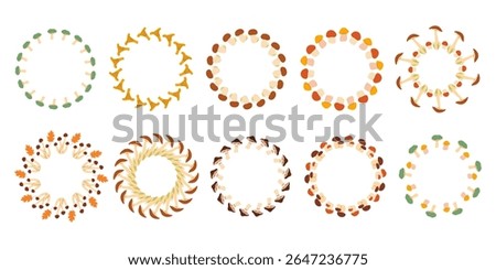 Mushroom circle frame vector set. A circular frame of autumn mushrooms. Mushrooms have different shapes and are arranged in a circle. Vector flat, isolated on white background.